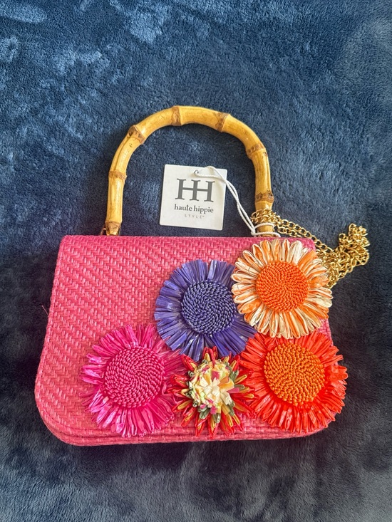 Haute Hippie Handbags - New Haute Hippie Straw Flowers Bamboo Handle Purse Shoulder Crossbody Chain NWT